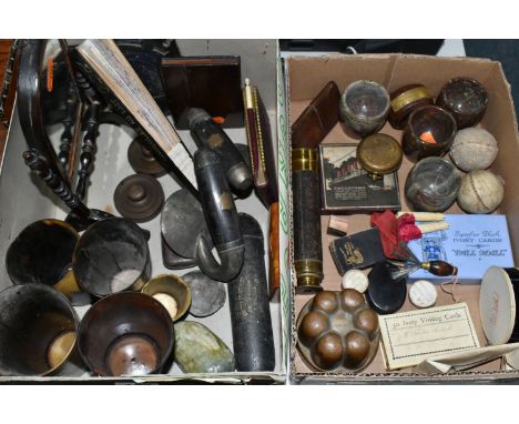 TWO BOXES OF SUNDRY VINTAGE ITEMS, to include five horn cups, one carved with a scene of a man shooting, a house, a windmill 