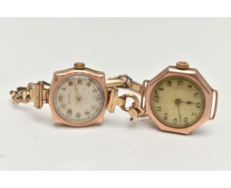 TWO LADYS 9CT GOLD EARLY 20TH CENTURY 'ROLEX' WRISTWATCHES, the first an AF manual wind watch head, round discoloured dial, A