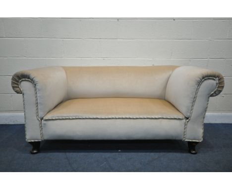 A VICTORIAN BEIGE UPHOLSTERED DROP END SOFA, length 174cm x depth 86cm x height 78cm (condition - ideal for a clean, drop arm