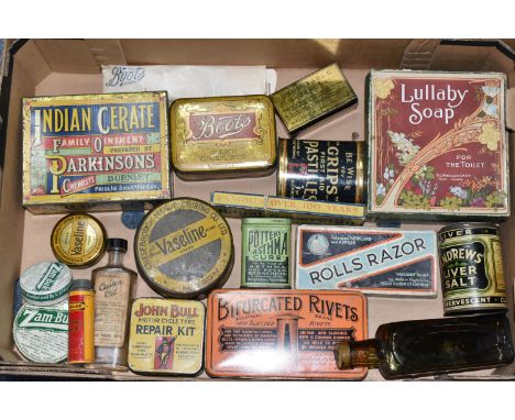 A QUANTITY OF ASSORTED VINTAGE ADVERTISING TINS AND PACKETS, including Lullaby Soap, Parkinsons Indian Cerate tin, assorted e