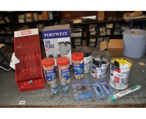 A SELECTION OF WORKSHOP CONSUMABLES including paint markers, dowel pegs, earplugs, graphite lubricant, rotary rasps, and a Do