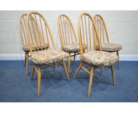 A SET OF FIVE ERCOL ELM AND BEECH QUAKER BACK CHAIRS, model number 365, all with floral seat pads (condition - wear to all, s