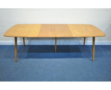 AN ERCOL ELM AND BEECH GRAND WINDSOR EXTENDING DINING TABLE, with two additional leaves, on five square tapered legs, open le