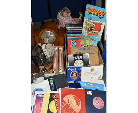 THREE BOXES AND LOOSE CLOCK, COACH LAMP, BOOKS, RECORDS AND SUNDRY ITEMS, to include a twentieth century wooden cased mantel 