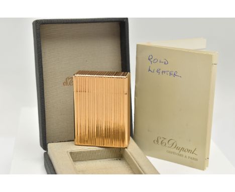 A 'S.J.DUPONT' LIGHTER, a signed gold plated lighter, encased in a signed box also including an information booklet, (conditi