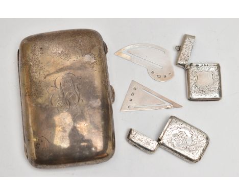 A SILVER CIGARETTE CASE, TWO SILVER VESTA CASES AND TWO BOOK MARKS, polished rounded rectangular case, with engraved initials