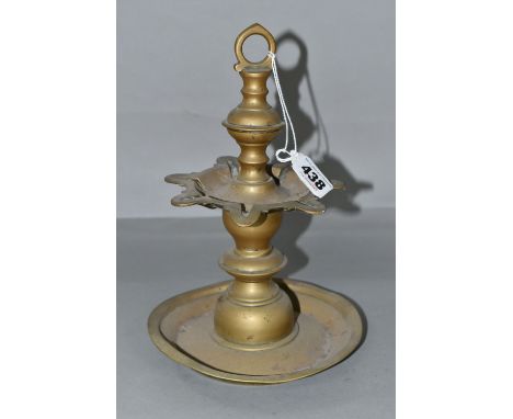 A 19TH CENTURY BRASS JUDEAN SABBATH HANGING OIL LAMP, with seven   Star   platform and dished well beneath, height excluding 