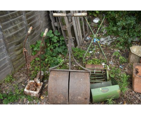 A VINTAGE CAST IRON GARDEN ROLLER, a vintage line marker, labelled 'TM GARDINE' and J P Maxees self-propelled lawn mower (con