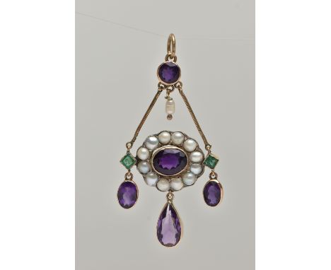 AN AMETHYST, EMERALD AND SPLIT PEARL PENDANT, designed as a central oval amethyst within a split pearl surround flanked by sq