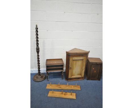 A SELECTION OF OCCASIONAL FURNITURE, to include a corner cupboard, mahogany single door cabinet, oak shelving unit, oak stand