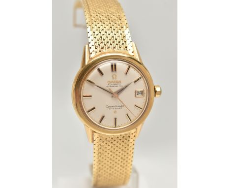 A GENTS 18CT GOLD 'OMEGA CONSTELLATION' WRISTWATCH, automatic movement, round silver dial signed 'Omega Automatic Chronometer