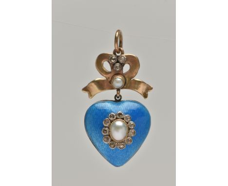AN EARLY VICTORIAN GOLD ENAMEL, DIAMOND AND PEARL PENDANT, the blue guilloche enamel heart pendant set with a central split p