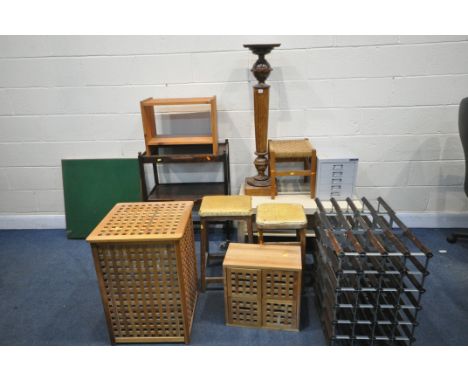 A SELECTION OF OCCASIONAL FURNITURE, to include a two tier drinks trolley, a folding games table, three various stools, a cof