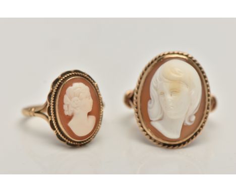 TWO CAMEO RINGS, the first of an oval form, high relief shell cameo depicting a lady in profile, collet set within a fine rop