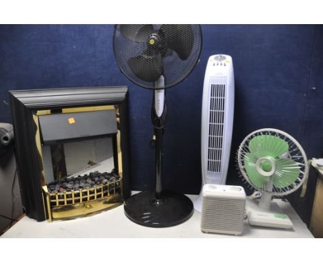 A COLLECTION OF FANS AND HEATERS to include a Dimplex CHT20 coal effect heater, Pifco desk fan, Challenge fan heater, unbrand