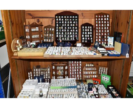 A LARGE COLLECTION OF THIMBLES AND THIMBLE COLLECTOR'S CABINETS, over four hundred porcelain thimbles, comprising Wedgwood bl