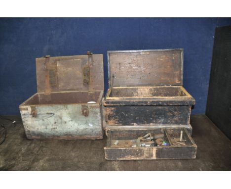 TWO VINTAGE WOODEN TOOLBOXES containing tools including Britool and other spanners, hacksaws, marking gauge, an untested glue
