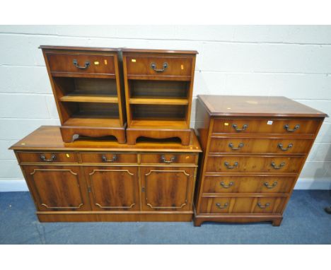 A SELECTION OF YEW WOOD FURNITURE, to include a chest of five graduating drawers, width 80cm x depth 49cm x height 110cm, a s