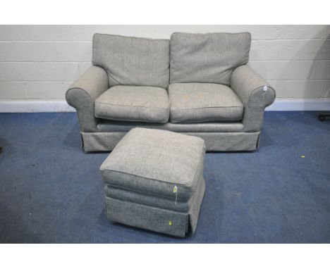 A JOHN LEWIS OATMEAL TWO SEATER SOFA, length 178cm x depth 97cm x height 84cm, with a matching pouffe (condition - ideal for 