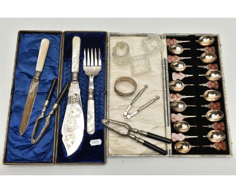 A BOX OF ASSORTED ITEMS, to include a cased set of twelve silver and enamel lodge teaspoons, personal engraving to each rever