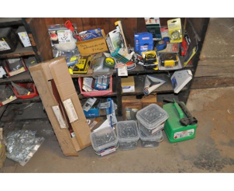 A SELECTION OF TOOLS AND ACCESSORIES including three Stanley and four Tapeline 5m tape measures, a petrol can, Stanley Annive