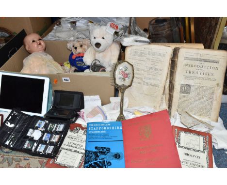 THREE BOXES OF TOYS, iPAD, NINTENDO DS, LINENS, BOOKS AND SUNDRIES, to include an Armand Marseille bisque head baby doll, wit