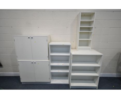 A SELECTION OF WHITE IKEA FURNITURE, to include four various bookcases, and two double door cabinets (condition - surface mar