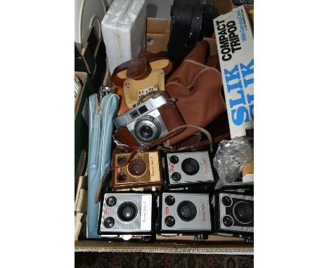 A BOX OF CAMERAS AND PHOTOGRAPHY EQUIPMENT, to include a cased Agfa camera with f2.8 45mm lens, a cased Yashica tripod, a box