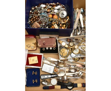 A BOX OF ASSORTED ITEMS, to include ladys and gents fashion wristwatches with names to include 'Ingersoll, Timex, Tommy Hilfi