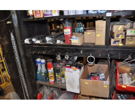 A LARGE QUANTITY OF TOOLS AND ACCESSORIES including screw eyes, screw hooks, glues, air cans, cutting oil spray cans, Anti Sp