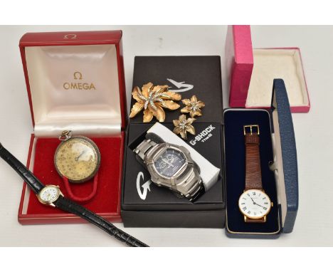 AN ASSORTMENT OF WATCHES AND COSTUME JEWELLERY, to include a white metal open face pocket watch, signed 'Elbuscha', inside ca