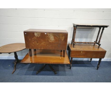 A SELECTION OF FIVE VARIOUS TABLES, to include a mahogany gate leg table, Victorian Pembroke table, Victorian centre table, G