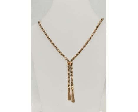 A 9CT BI COLOUR GOLD TASSEL CHAIN NECKLACE, yellow and white gold rope twist chain with two tassel droppers, fitted with a lo