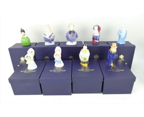Nine Royal Worcester limited edition character candle snuffers including Victoria and Albert. Each boxed with paperwork.
