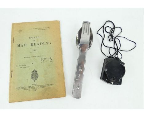 WWII German four piece field cutlery set marked FWW41, 1925 War Office map reading guide and a HAP compass.