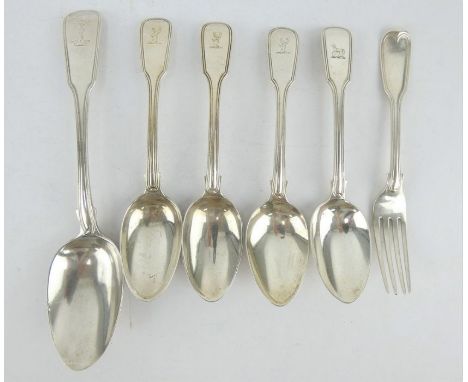 19th century silver fiddle &amp; thread table spoon,4 dessert spoons and a fork,&nbsp; Various hallmarks for London 1833,1818