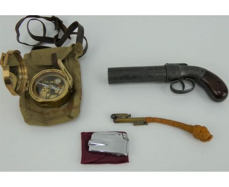 Mixed collectables including a brass Stanley compass, reproduction pepperbox pistol, trench lighter and a Ronson Varaflame li