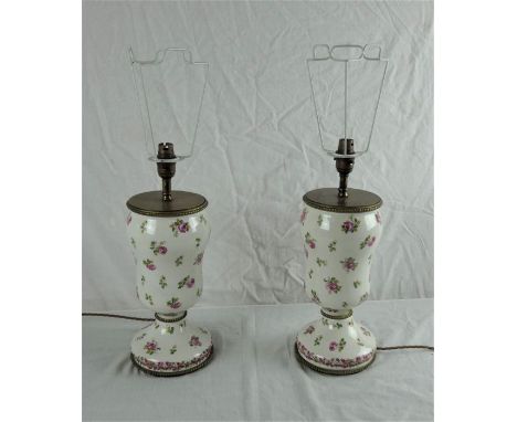 A pair of vintage French floral decorated table lamps, with metal mounts, height to top of light fitting 41cm  