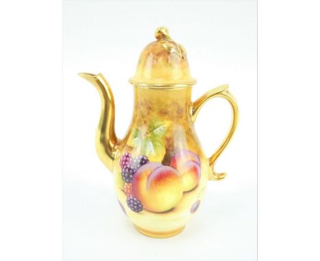 Royal Worcester painted fruit small coffee pot, decorated and signed by Jason Bowman.&nbsp; Height 13cm.