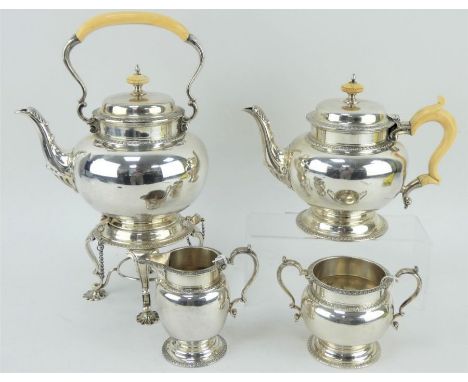 A heavy quality four piece Mappin &amp; Webb silver tea service with spirit kettle. Hallmarked Sheffield 1932. Gross weight 3