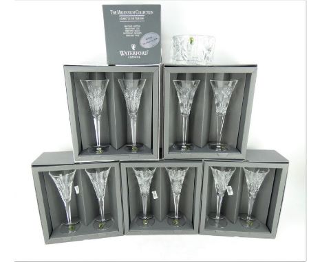 Five pairs of Waterford crystal Millennium champagne flutes each pair depicting&nbsp; a different toast.; Happiness, Love, He