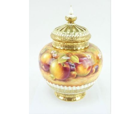 Large Royal Worcester painted fruits covered pot-pouri jar, decorated and signed by C Winwood. Height 28cm.