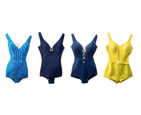 Vintage Fashion: Four vintage swimsuits/ bathing costumes, c. 1950s/ 1960s including; A navy blue swimsuit, with white trim, 