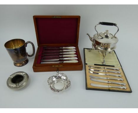 A silver plated spirit kettle, boxed set of dessert knives &amp; forks, boxed set of pistol grip butter knives, tankard (engr