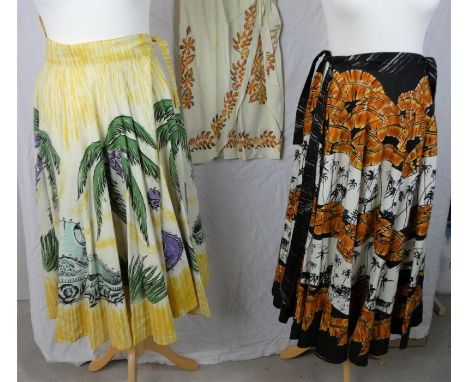 Vintage Fashion: Two vintage Mexican cotton circle skirts, the first decorated with sombrero, guitar and palm tree motif, wit