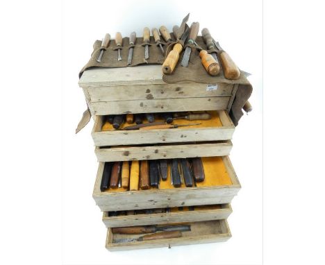 Large collection of vintage and antique wood carving chisels and tools in bespoke cabinet.&nbsp; Over 200 individual tools co