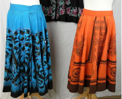 Vintage Fashion: Three skirts, c. 1950s, including: a Londy of Mexico circle skirt, in orange and brown cotton, decorated wit