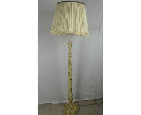 Heavily decorated turned wood Persian style standard lamp with cream shade.&nbsp; Untested. Overall height 162cm. Stand need 