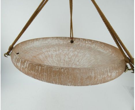 Daum etched glass plaffonier ceiling light, c1930s, marked DAUM NANCY FRANCE.&nbsp; Brass fittings and woven suspension cords