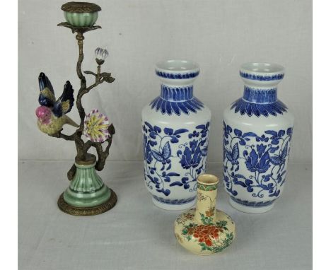 A pair of blue &amp; white 20th century vases, a pottery and bronze bird in branch candlestick, and a Satsuma style bottle va